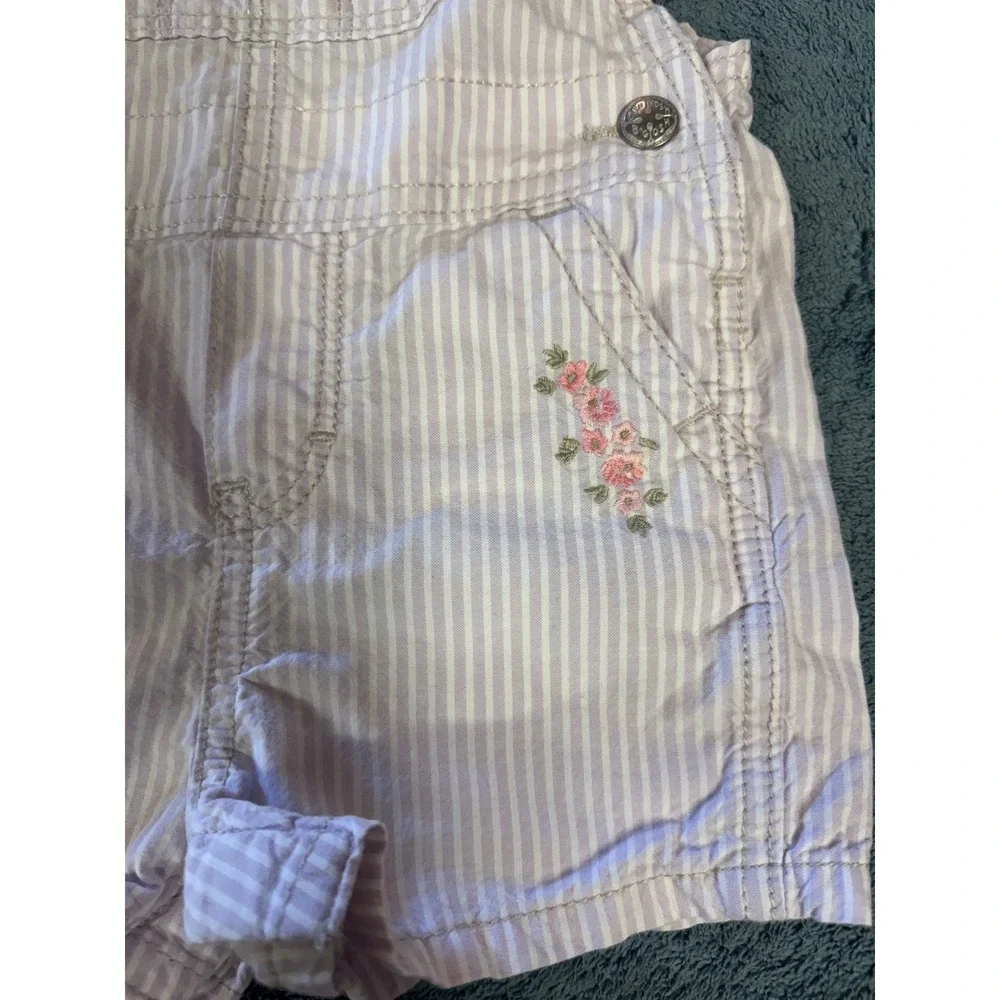 OshKosh Bgosh Girls Purple Hickory Stripe Floral Embroidered Shortalls‎ 18M